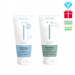 Naïf Baby & Kids Care maitinamasis šampūnas kūdikiams, tinkantis visų tipų plaukams 200ml+Naïf Baby & Kids Care valomasis prausimosi gelis kūdikiams, skirtas visiems odos tipams 200ml 