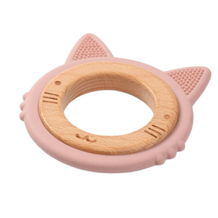 BabyOno 1076/02 kramtukas medinis - silikoninis,rožinis kačiukas