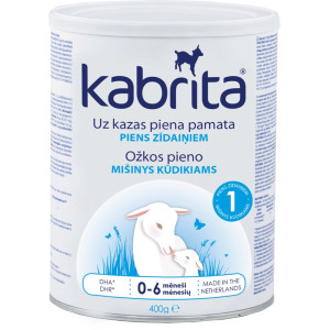 Kabrita 1 400 g dirbtiniai sausas pieno mišinys iš ožkos pieno pagrindo, skirtas patogiam virškinimui 0–6 mėnesių vaikams 400g